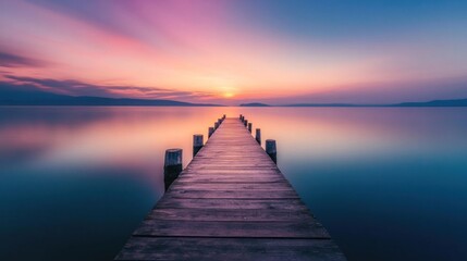 Fototapeta premium A wooden pier extends into a still lake at sunrise, the sky