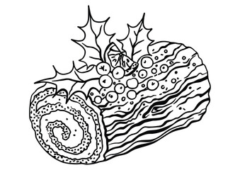 Chocolate Christmas log. Black and white doodle sketch. Holiday Baking, Food Coloring Page. Vector illustration on isolated background.