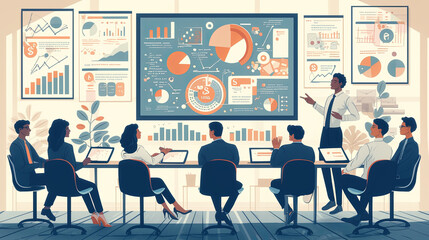 Diverse team in modern office discussing data analytics presentation