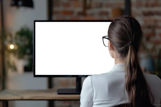 Over Shoulder View of Female Student with Glasses Looking at Blank Screen for Virtual Videoconference