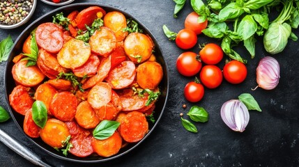 Delicious and aromatic Indian vegetarian curry in a black dish, set on a dark background, with plenty of space for menu or promotional text.