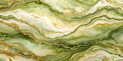 Luxurious marble texture in lush olive green and cream with alcohol ink waves