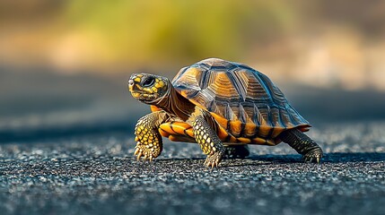 Obraz premium Tortoise crossing a road with vibrant bokeh background in the sunlight