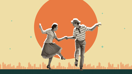 Joy of Lindy Hop. Happy young man and woman in retro costumes cheerfully dancing on light yellow...