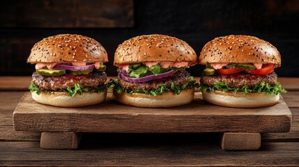 Meat and veggie burgers on a wood tray.