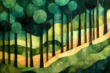 Abstract Forest Scene with Concentric Circles and Wavy Lines