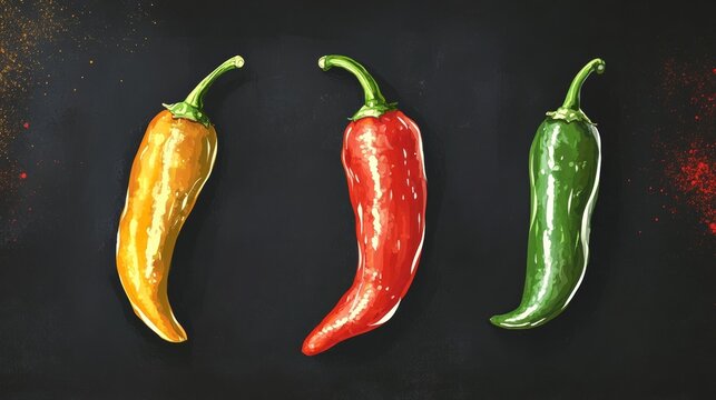 Peppers with spices on a blackboard.