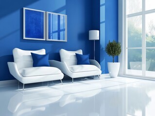 An inspiring study room with cobalt blue walls and white furniture