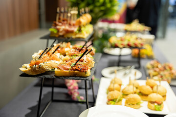 table Buffet Dishes. Bruschetta served at the catering