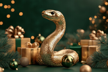 Fototapeta premium 2025 New Year Symbol – Golden Cobra Snake, Christmas Decorations on Green Background
