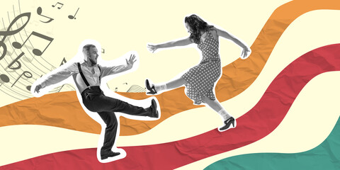 Stylish young man and woman dynamically dancing in sync, surrounded by wavy lines and musical...