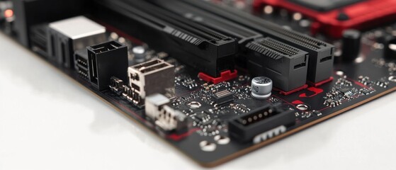 Fototapeta premium Close-up of a computer motherboard with connectors, circuitry