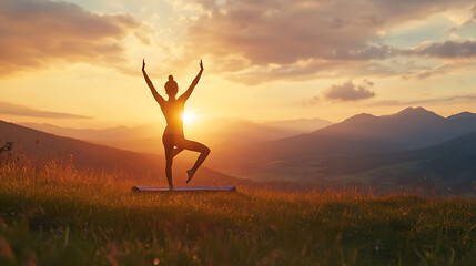 A woman practicing yoga outdoors on a grassy field, performing a tree pose with mountains in the background and the sun setting behind her 