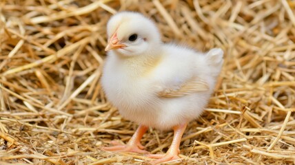 An adorable fluffy baby chick stands gently on a bed of soft straw, embodying the charm of farm life.