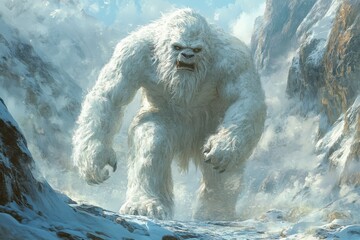 A large, imposing yeti, covered in white fur, trudges through a desolate, snowy mountain