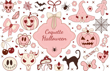 Pink girly coquette halloween set. Lovely cute collection, witch hat, pumpkins with bows, pink ribbon, spider web, skulls. Vector illustration.