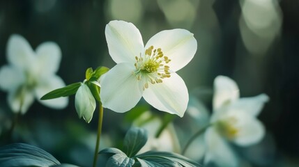Spring forest, flowering Helleborus niger