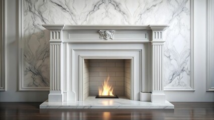 Luxurious white marble fireplace and empty wall silhouette