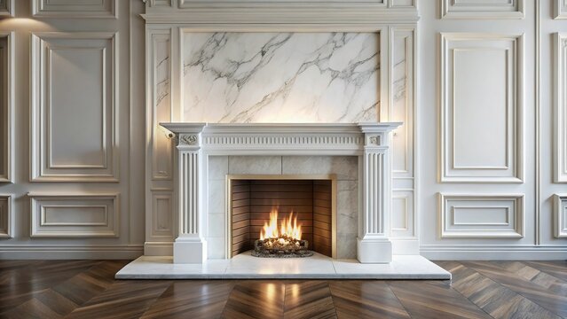 Luxurious white marble fireplace with empty wall