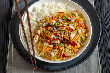 tofu egg roll in a bowl with jasmine rice