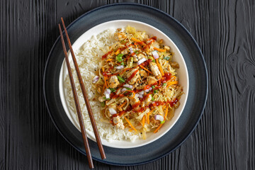 tofu egg roll in a bowl with jasmine rice