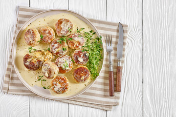 juicy chicken rissoles, cakes in rich cream sauce