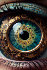 Obraz premium Steampunk macro shot of a human eye with intricate mechanical designs, showcasing a hyperrealistic fusion of organic and artificial elements, reflecting futuristic style and technological