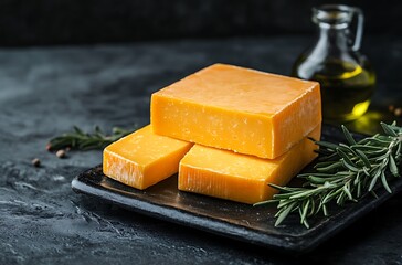 A block of cheddar cheese on an elegant black plate