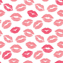 Seamless pattern Red lipstick kiss on white background. flat illustration for design. Printing of the lips. For print, fabric, invitation, brochure, card, wallpaper