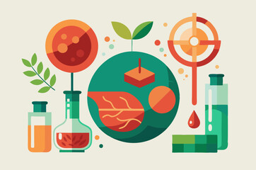Abstract minimalist depiction of lab-grown cultured meat with scientific elements and greenery