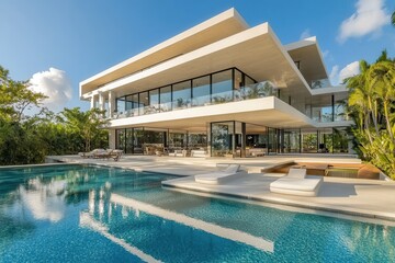 Fototapeta premium A luxurious modern house with clean, rectangular lines and floor-to-ceiling glass windows