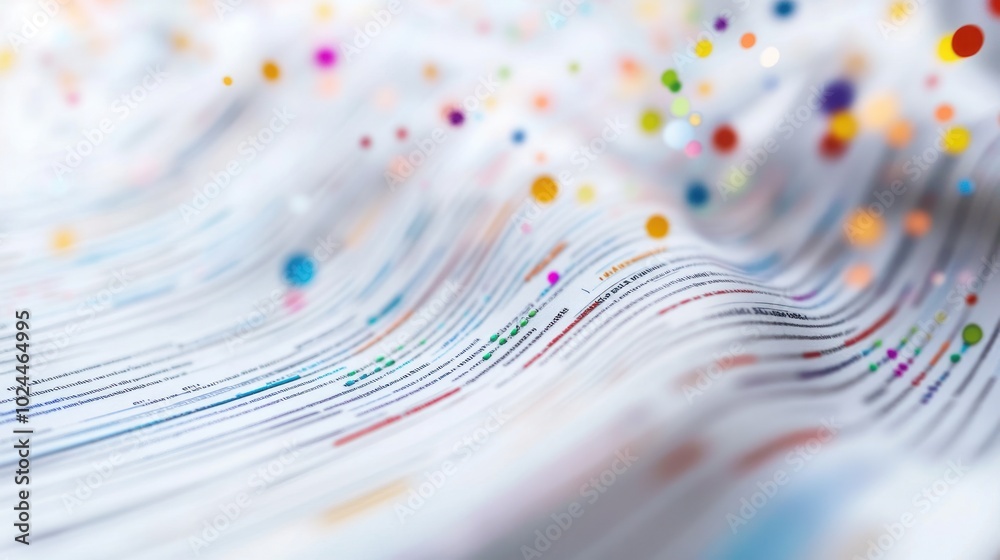 Poster abstract representation of data flow with colorful dots on a wavy background.
