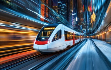 A fast-moving subway train captured with a long exposure, creating dynamic light trails and a sense of speed. The image emphasizes urban motion and modern transportation.