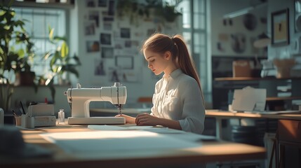 Young girl focused on her sewing project, using a machine in a well-lit workshop. The scene captures her creativity and dedication to the craft.