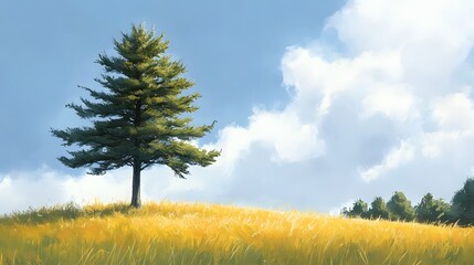 Obraz premium A solitary pine tree stands tall in a field of golden grass under a blue sky with white clouds.