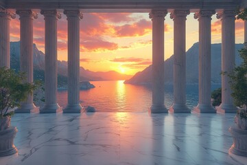 The ancient ruins of a cliffside Greek temple stand tall against a vibrant sunset. The temple's stone pillars glow under the light, providing a contrast to the rocky terrain.