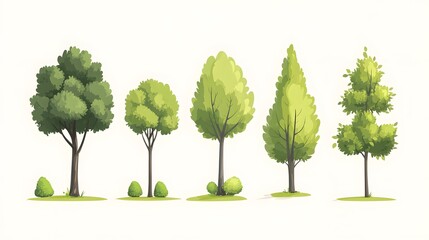 Fototapeta premium Collection of Six Cartoon-Style Green Trees on White Background