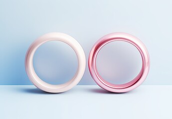 Fototapeta premium Two interlocking pastel pink and blue green rings symbolize unity and balance, set against a minimalist backdrop. Ideal for branding and conceptual marketing related to relationships.