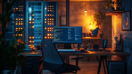 Modern workspace setup with computers and programming on screen