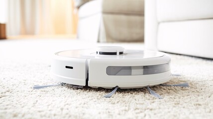 Fototapeta premium Close-up of a white plastic robot vacuuming a plush carpet in the living room. The robot's sensors are focused on the floor, with a sleek vacuum attachment ensuring no dust is missed. 