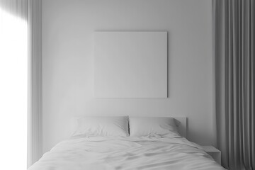 Minimalist bedroom interior with a white bed, curtains, and a blank canvas mockup.