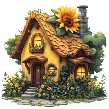 recommend clip art: Cute Yellow Cottage Illustration with a Sunflower on the Roof
