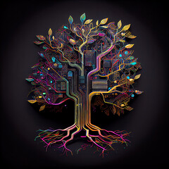 Tree of life with circuits and motherboard branches symbolizing technology integration and digital world