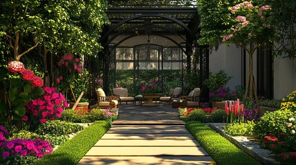 Obraz premium Vibrant blooms and gleaming gardening implements adorn the open-air terrace, creating a picturesque oasis amidst the verdant garden. 