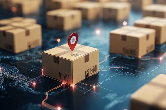 Conceptual Global Logistics Network: Cardboard Boxes and Navigation Icon Illustrating International Distribution