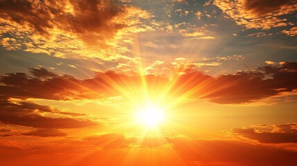 Fototapeta premium Breathtaking sunset with vibrant rays and dramatic clouds illuminating the sky, creating a stunning natural panorama of tranquility and beauty.