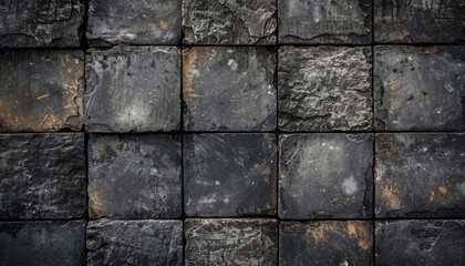 Fototapeta premium wall of dark square stone tiles with varied textures and rust discolorations
