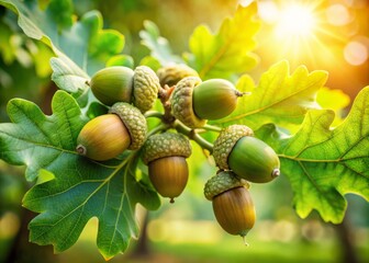 Freshly sprouted acorns dangle from oak branches, surrounded by lush summer foliage, a testament to nature's elegance and the richness of seasonal transformations.