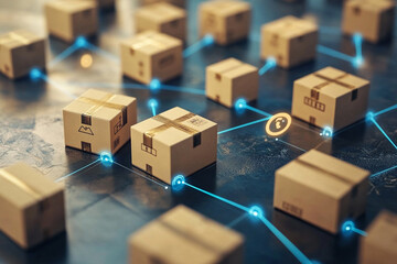Global Logistics Network Concept: Cardboard Boxes and Navigation Symbol Representing Worldwide Shipping