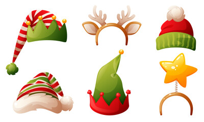 Santa Claus hats, elf hat, headdress with deer antlers and star. Winter hat, Christmas headdress, Santa Claus vector cap. Vector set for decorating Christmas and New Year designs.